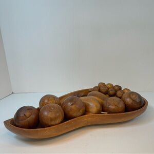 Vintage Mid Century MCM 11 pc Hand Carved Wooden Monkey Pod Leaf Bowl with Fruit